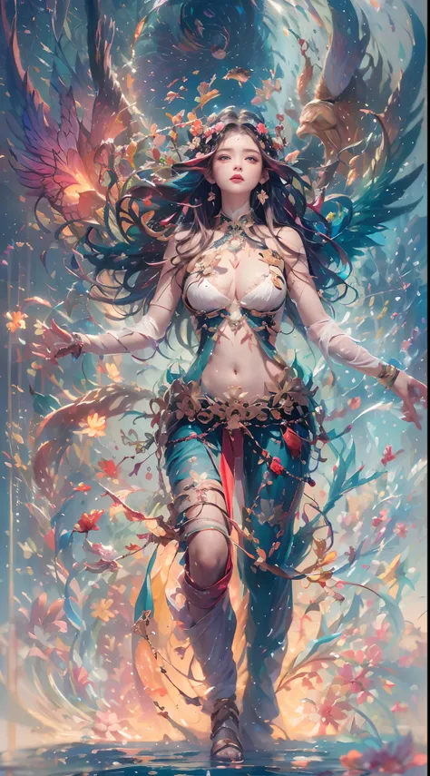 ( Absurd, High quality, Ultra-detailed, Masterpiece, concept-art, smooth, high detail artwork, Hyper-realistic painting , high resolution, paint splatter, colored splashing, Splash of Ink, colored splashing), (( Rainbow hair)),elf, Plum elf, plum , Transpa...