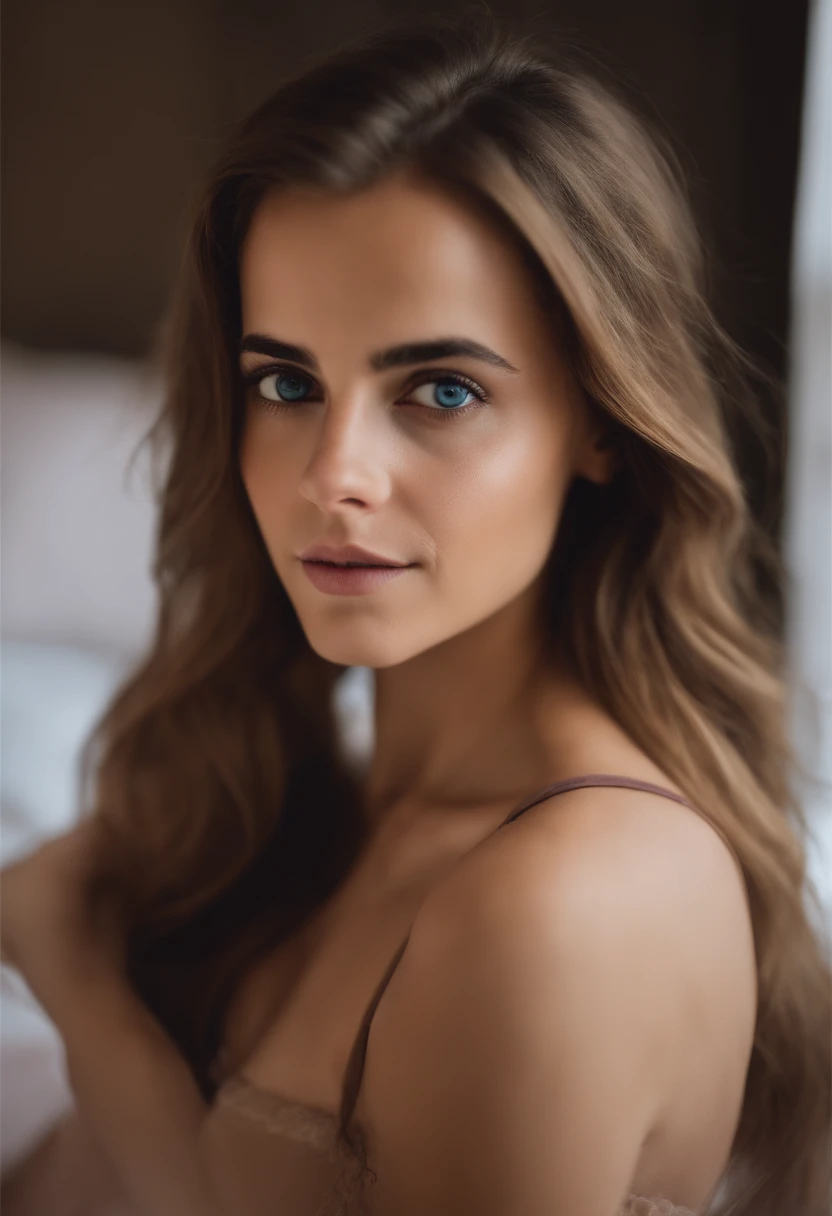 woman, sexy girl with blue eyes, portrait a Emma Watson , brown hair and large eyes, selfie of a young woman, bedroom eyes, violet myers, without makeup, natural makeup, looking directly at the camera, face with artgram, subtle makeup, stunning full body s...