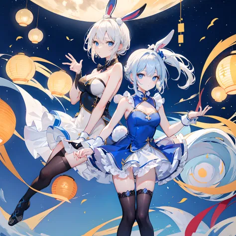 Short off-white hair with a single ponytail，blue color eyes，girl，mid-autumn festival，Wearing a bunny girl costume，Behind him is Kong Ming lantern flying，Round moon，Expressionless black stockings，Pose pose，Yays gesture，