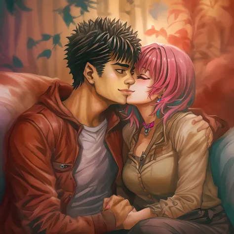 riamu,guts,couple,husband and wife,love dovey couple,sitting,hug,kiss,smile,masterpiece:1.2,ultra-detailed,realistic:1.37,portraits,vivid colors,warm tones,soft lighting