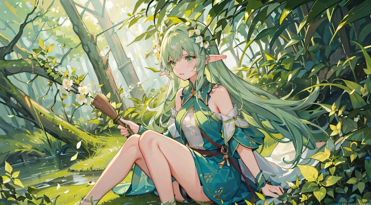 green leaf，grow，earthy，falling flower petals，（Flowers），美丽细致的眼睛，Gradient hair，tmasterpiece，Soft hair，（teens girl），the elf，Mopping straight hair，ears of elf，Design a whimsical forest filled with mythical creatures, Glowing plants, and a magical atmosphere.