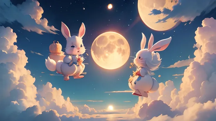 the huge moon，round again，hang in the sky，there is a magnificent palace in the clouds，splendid，around the clouds，many little bun...