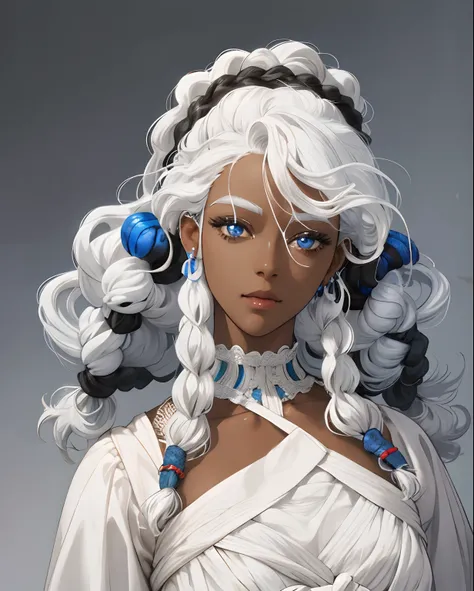 Black girl with white hair and blue eyes, dark-skinned, curly hair, dreds, braids, pretty woman, Wax figurine, high quality rendering, realistic image, Increased attention to detail, tmasterpiece