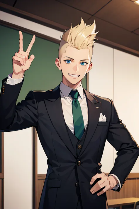 1 man, boy, man, boy man, mohawk and blond hair, blue eyes, tall and muscular, grinning, happy, wearing a black blazer school uniform, green tie, classroom background