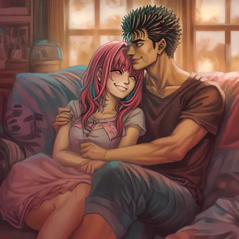 riamu,guts,couple,husband and wife,love dovey couple,sitting,hug,happy,smile,masterpiece:1.2,ultra-detailed,realistic:1.37,portraits,vivid colors,warm tones,soft lighting