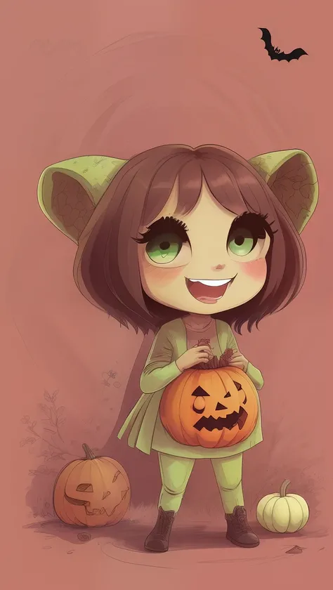 Halloween, cute babe, monster, green, illustration, cartoon, big eyes, smiling.