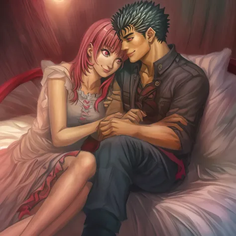 riamu,guts,couple,husband and wife,love dovey couple,sitting,hug,kiss,smile,masterpiece:1.2,ultra-detailed,realistic:1.37,portraits,vivid colors,warm tones,soft lighting