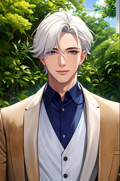 ((masterpiece:1.2, best quality)), 4k, adult, 1man, detailed face, male, handsome, tall, broad shoulders, white hair, blue eyes, portrait, garden, smile, gentlemen outfit