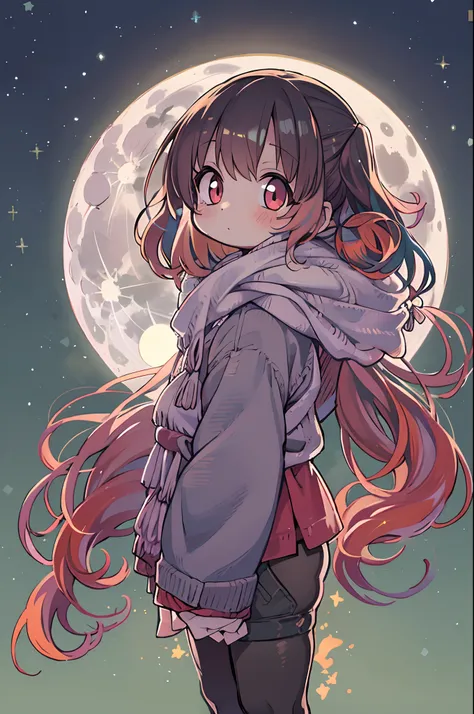 girl, looking at you, Face, High quality, Radiant, natta, red velvet,under big full moon、Looking up at the moon、fullmoon、Chibi