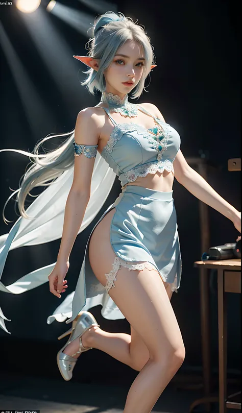 （Extremely normal body：2.0）Stage，spotlight lights：1 Elf beauty，White crop top top，(Elf long ears)，Light blue ultra-short hair，A bun，Blue-lace-trimmed maxi dress)，Long blue dress，The skirt that reaches the feet，White short stockings，Mary Jane low heels，two ...