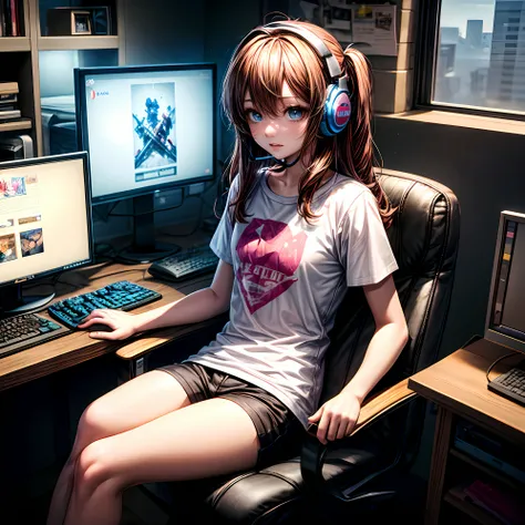 A girl sits on a soft chair in her room, in front of her is a desk with a complete gaming computer setup, on the table lies a sophisticated mechanical keyboard and gaming mouse, as well as a wide monitor that displays a virtual world with amazing graphic q...