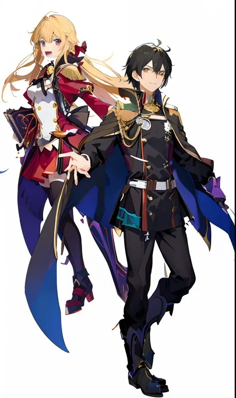 Two anime characters wearing different costumes and holding swords, half invoker half megumin, zerochan art, inspired by Li Chevalier, hidari and vlop, zerochan, r /Art Book, r / Art Book, r/Art Book, anime style like fate/Stay Night, casimir art, characte...