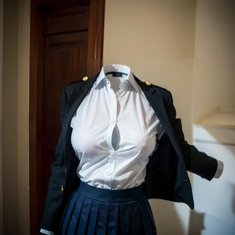 school uniform on hanger, ((invisible, no humans:1.5, headless:1.5, handless, legless)), (big breast), close-up to breast, (extremely detailed), (photo realistic), (8k), closet