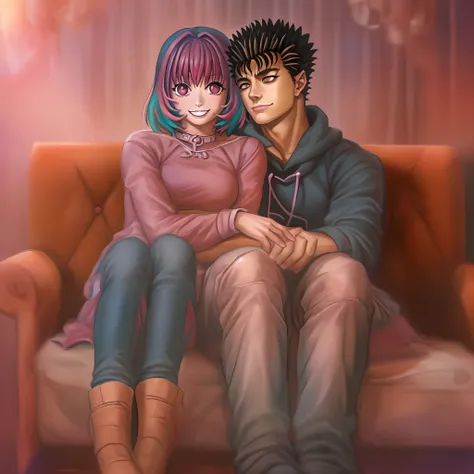 riamu,guts,couple,husband and wife,love dovey couple,sitting,hug,happy,smile,masterpiece:1.2,ultra-detailed,realistic:1.37,portraits,vivid colors,warm tones,soft lighting