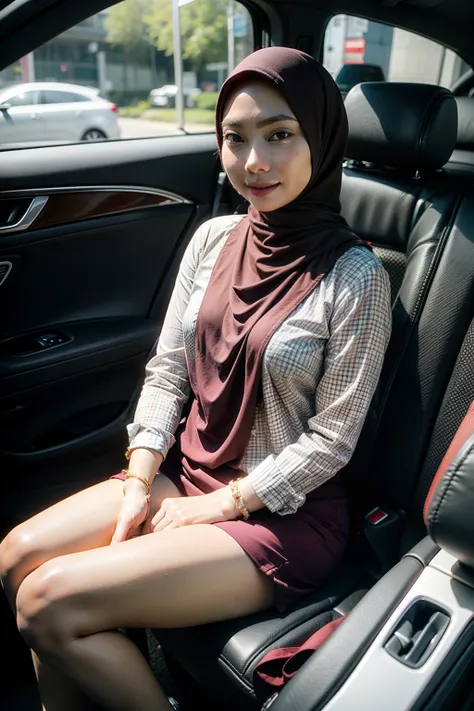 Mature developed beautiful malay woman with hijab naked seating in a car with sexy pose open leg