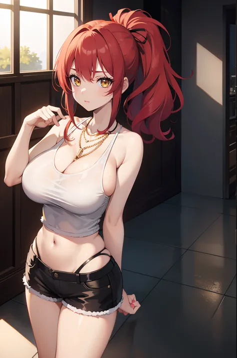 masterpiece, best quality, 4k, red hair, huge breasts, handbag, ponytail, tank top, necklaces, jewlery, short shorts, wide hips, gyaru, hair ribbon, yellow eyes,