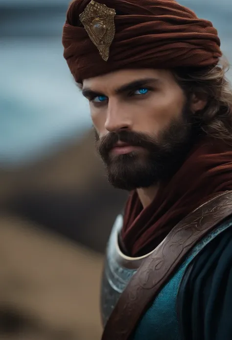 Um deus do olimpo segurando firmimente uma espada de diamante. He has blue eyes and is bearded