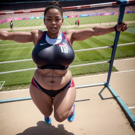 top view, black 50 years old chubby lady high jumping in high jump event in the middle of the stadium, jumping over the metal bar, high jump metal bar visible, at the athletic olympics, big , cum in face, , totally naked, big sloppy slutty tits, stadium, h...