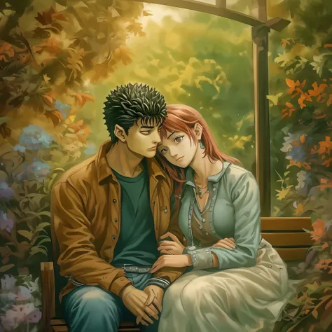 riamu and guts, a passionate couple deeply in love, are sitting together on a cozy bench in a beautiful garden. As they embrace in a warm, affectionate hug, their smiles radiate pure joy, capturing the essence of their love. The atmosphere is filled with a...