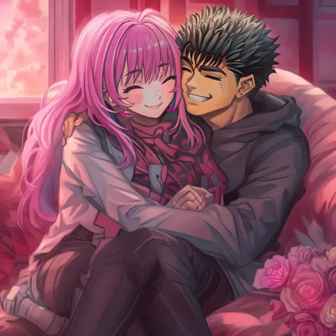 riamu,guts,couple,husband and wife,love dovey couple,sitting,hug,happy,smile,masterpiece:1.2,ultra-detailed,r:1.37,portraits,vivid colors,warm tones,soft lighting