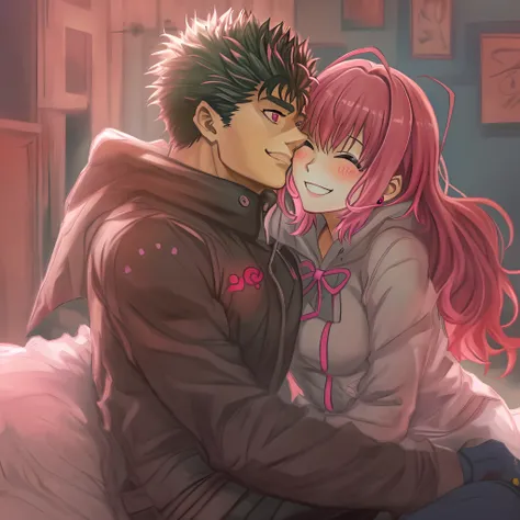 riamu,guts,couple,husband and wife,love dovey couple,sitting,hug,happy,smile,masterpiece:1.2,ultra-detailed,r:1.37,portraits,vivid colors,warm tones,soft lighting