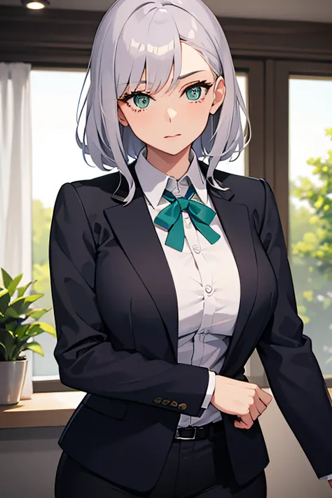 1woman, late thirties, shoulder lenght silver hair, green eyes, motherly, wearing a business shirt and blazer