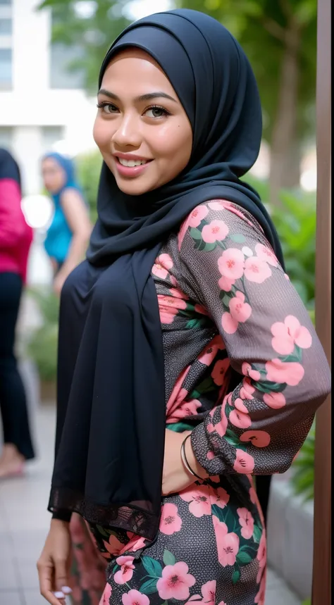 Malay girl in hijab wear small floral black baju kurung malaysia in college, wear back pack, front view, detail skin, detail skin texture, mole below eyes, small breast, big hip, big waist, big thigh, slim abs, beautiful body, nighttime, laughing, happy, b...