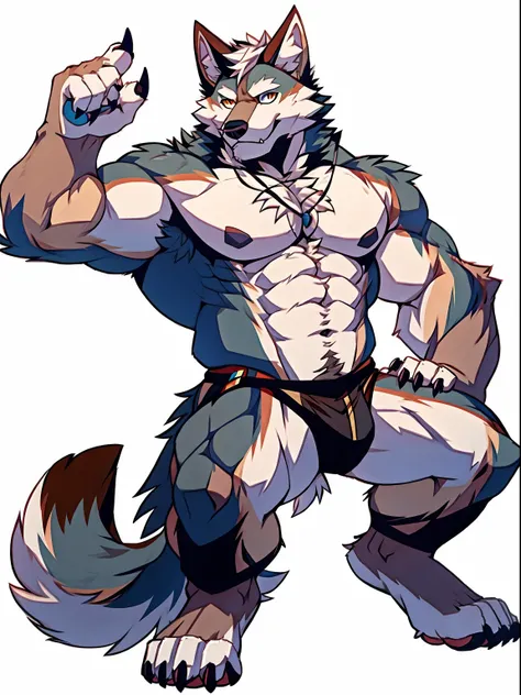 Human-wolf，musculous，Hairy all over，clawed paws，erect through