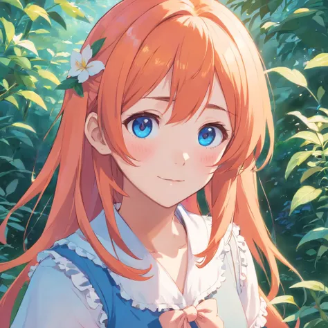 1 girl, long orange-pink color hair，blue color eyes，slight smile, White Lolita，Beth，A garden, cute face, looking at viewer, close up to her face