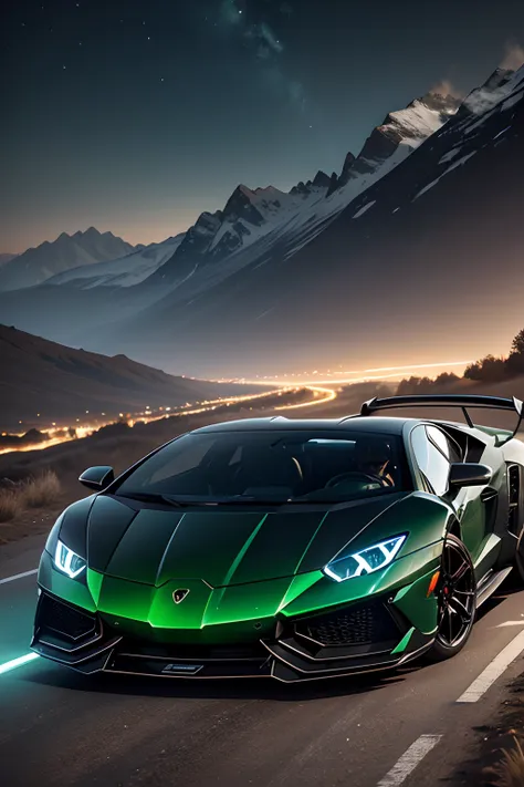 auto deportivo negro con luces rojas, estilo lamborghini, Mountain landscape, paisaje nocturno, con una chica hermosa de pelo verde al volante,