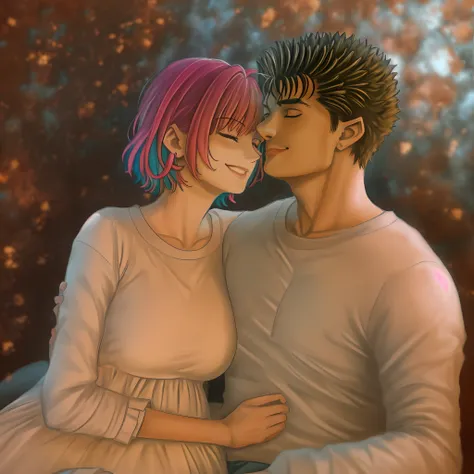 riamu,guts,couple,husband and wife,love dovey couple,sitting,hug,kiss,smile,(best quality,4k,8k,highres,masterpiece:1.2),ultra-detailed,(r1.37),portraits,vivid colors,warm tones,soft lighting, hug, pregnant