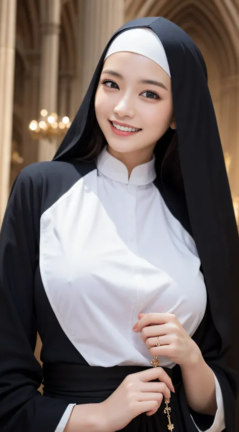 (masutepiece), Best Quality, Photorealsitic, finely detail, hight resolution, 8K Wallpapers, Perfect dynamic composition, Beautiful detailed eyes, Medium Hair, (Nun with cross and rosary in hand in cathedral), (Veiled nun), (Breast bulge 1.2), A smile, Ope...