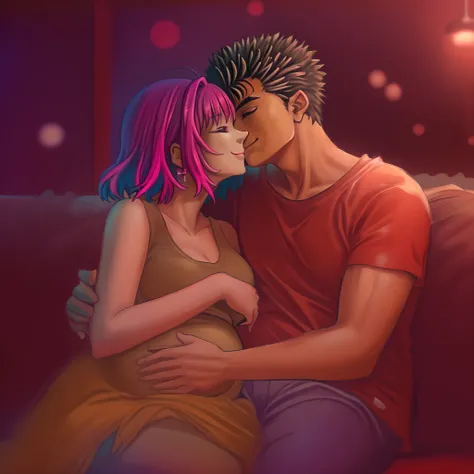 riamu,guts,couple,husband and wife,love dovey couple,sitting,hug,kiss,smile,(best quality,4k,8k,highres,masterpiece:1.2),ultra-detailed,(r1.37),portraits,vivid colors,warm tones,soft lighting, hug, pregnant riamu