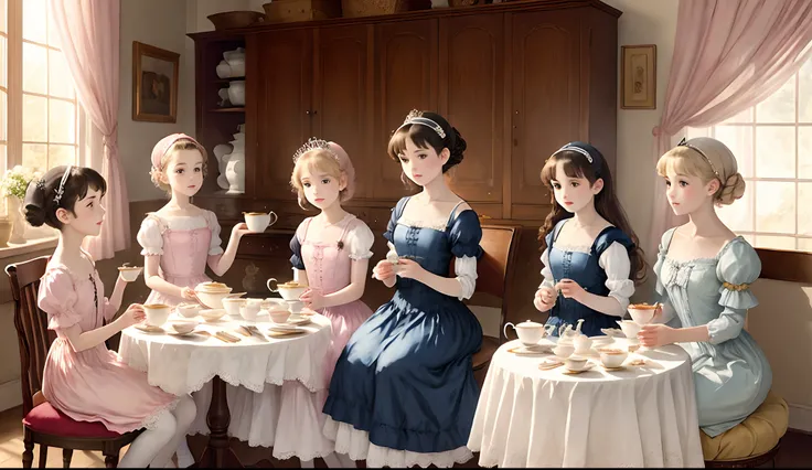 Five little princesses at the tea party，watercolor paiting，Pale pink，RococoStyle