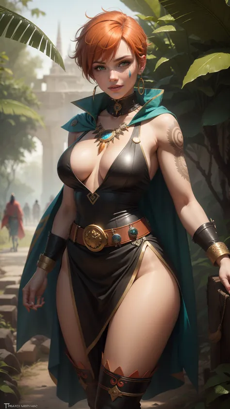 gwen tennyson,tracer,bulma,rebecca chambers,1girl,aztec female with face paint,shaman clothing,beautiful neck and head jewelry,body paint, feathers,ceremonial cape,shaman belt,long shaman skirt,mayan jungle, gold, amulets, tribal piercings and tattoos,maya...