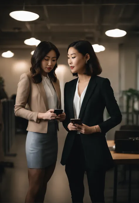 Two young Japanese women in suits, Black leather gloves, Stand face to face with knee-high boots. They were holding their smartphones and discussing something. The setting is set in a modern office, It has a stylish and sophisticated atmosphere. Women have...