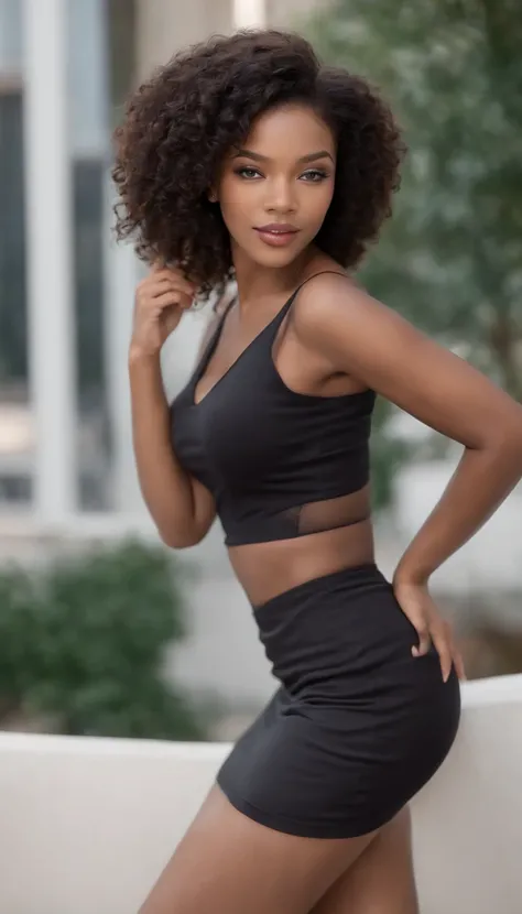 Attractive sexy african american women 20 years old black curly hair to the waist, with mini skirt, Looking Back big butt, Humble smile, mesh stockings on the thighs, good abs, Beautiful sexy long legs, (photo-realistic: 1,5) (tmasterpiece: 1,5) (beste-Qua...