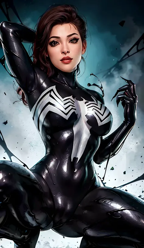 4K，realisticlying，Glamorous，The is very detailed，There is a girl in Dingcheng，Wearing a black Spider-Man costume，（Black and white：1.4） the night,symbiote，venomize，a large amount of mucus,she is a spiderman，Black superhero theme，In front of the sky，Flushed ...