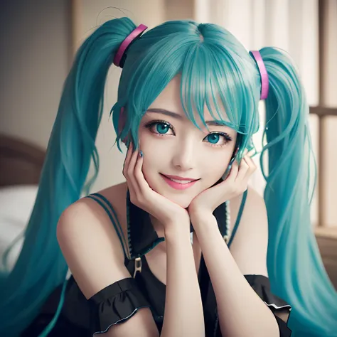 (One lady)、(masterpiece)、(best qualtiy)、(ultra - detailed)、(a high chroma), vocaloid、((miku hatsune))、(Fine and beautiful eyes)、Delicate beautiful face, (Black stockings), smiling, upper body shot