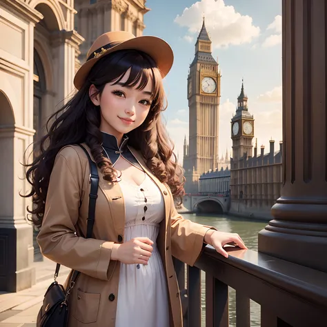 An Italian-Chinese girl with curly brown hair smiles confidently in front of Big Ben