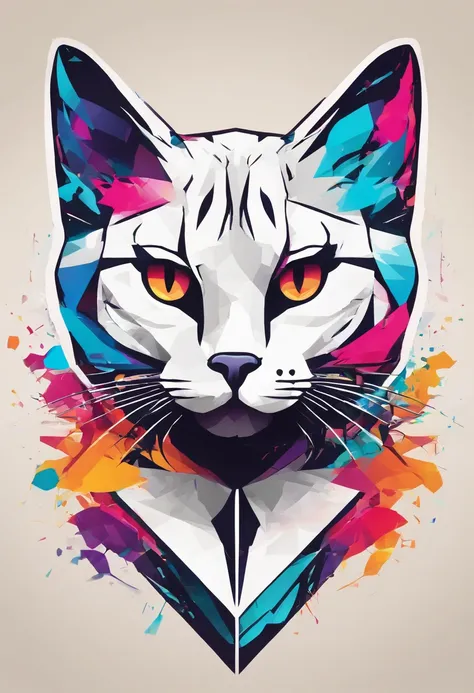 Colorful Logo,Colorful cat head minimalist vector art logo illustration, Frontal, Magic, Crisp design, suave, monochrome color, Dark Magic Colorful Splash Painting, tshirt design, In the style of Studio Ghibli, The design must be vector art, Cat introducti...