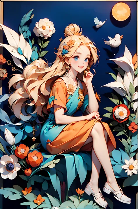 1girll, Outdoors, Solo, flower, Blue eyes, Long hair, view the viewer,Hat, Ocean, dress, Sitting, flor branca, sky, Bugs, hatflower, day, bangs, Butterfly, water, Long sleeves, Blue sky, Rock music, Cloud, Orange dress, Blonde hair, horizon, orange headwea...