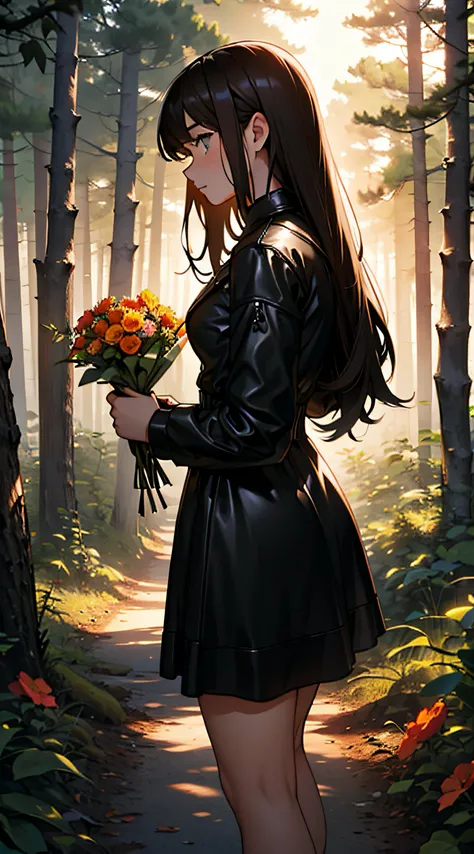 1 girl in a forest , wearing a black leather dress ,long brown hair, holding flowers, sunset time