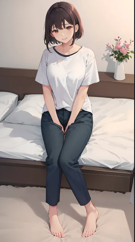 1girll, 独奏, Wear red short sleeves，Wear brown casual trousers，sit on a bed，The chest is large，Perfect hands，Barefoot