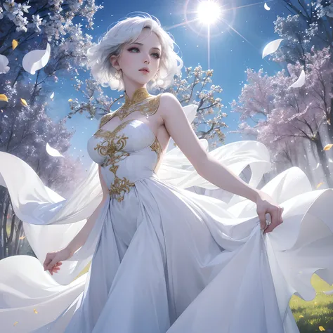 finest image, sexy beautiful woman, white glossy wavy iridescent short hair, blue sparkling big eyes, great proportion, pure white long dress with gold embroidery, background meadow on the hill, clear skies, sun and sunlight, rain and raindrops, petals, sc...