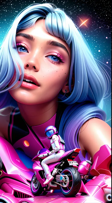 Theres a woman with a motorcycle in the desert, inspirado em David LaChapelle, girl in space, Zoe Kravitz astronauta futurista, arca album cover, Zoe Kravitz como Astronauta, inspirado em Taro Yamamoto, powerful woman sitting in space, in outer space, Madi...