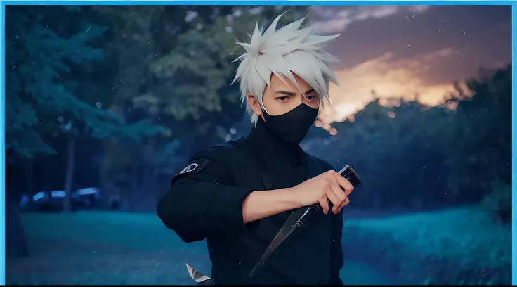 1guy, Kakashi, tilted head, looking straight at camera, real strands human hair, human face, black eyes, mature age, older, holding a kunai with a round hilt, blurry trees in the background, at night, realistic, ultra detail, 70mm lens