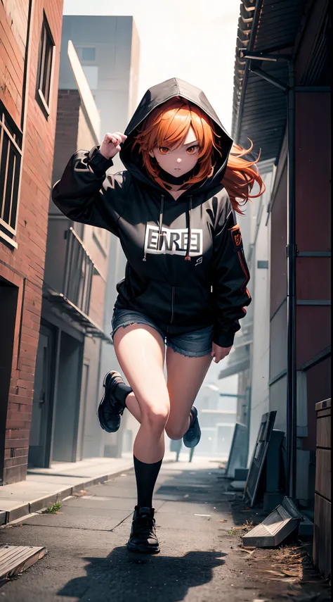 1 female 20 years old, medium orange hair, orange eyes, angry eyes, determined eyes, sharp eyes, wearing black hooded jacket, put on hood, hood up, cover her face with a hood, hide face, wearing jean shorts, wearing black shoes, hand holding hunting knife,...