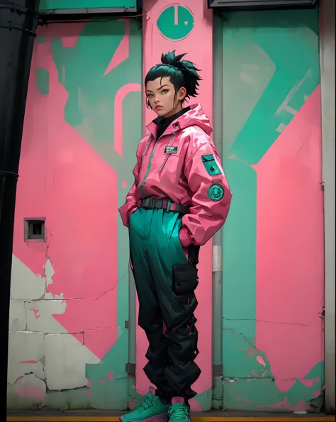 Super closeup shot of a person standing in front of a graffiti wall, wearing atompunk jumpsuit, cyberpunk streetwear, biopunk suit, wearing cyberpunk streetwear, wearing human air force jumpsuit, inspired by Liam Wong, cypherpunk fashion illustration, akir...