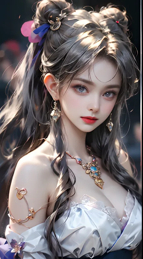 1 beautiful girl in Han costume, thin purple silk shirt with white color with many textures, white lace top, long platinum purple ponytail, Hair Jewelry, ear jewelry, light purple rabbit ears, necklace and necklace, meticulously drawn large purple eyes, me...